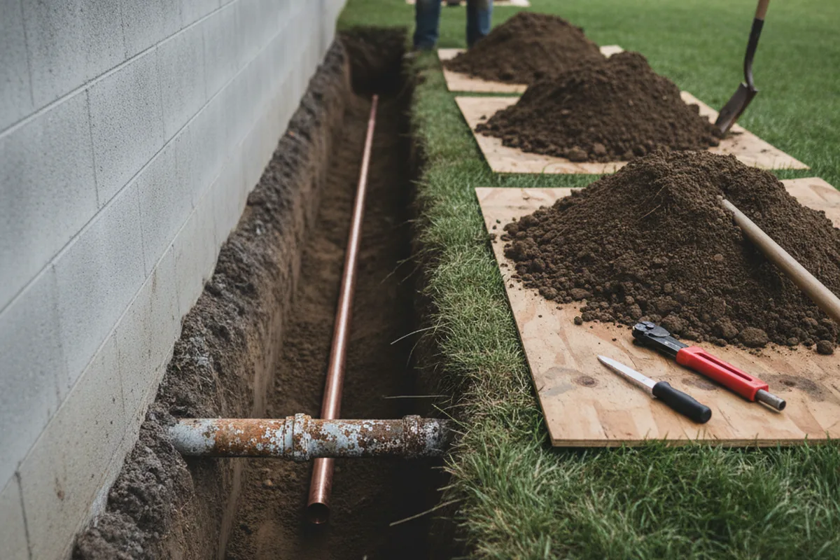 Excavated water line trench during Sewer Line Repair in North Hills